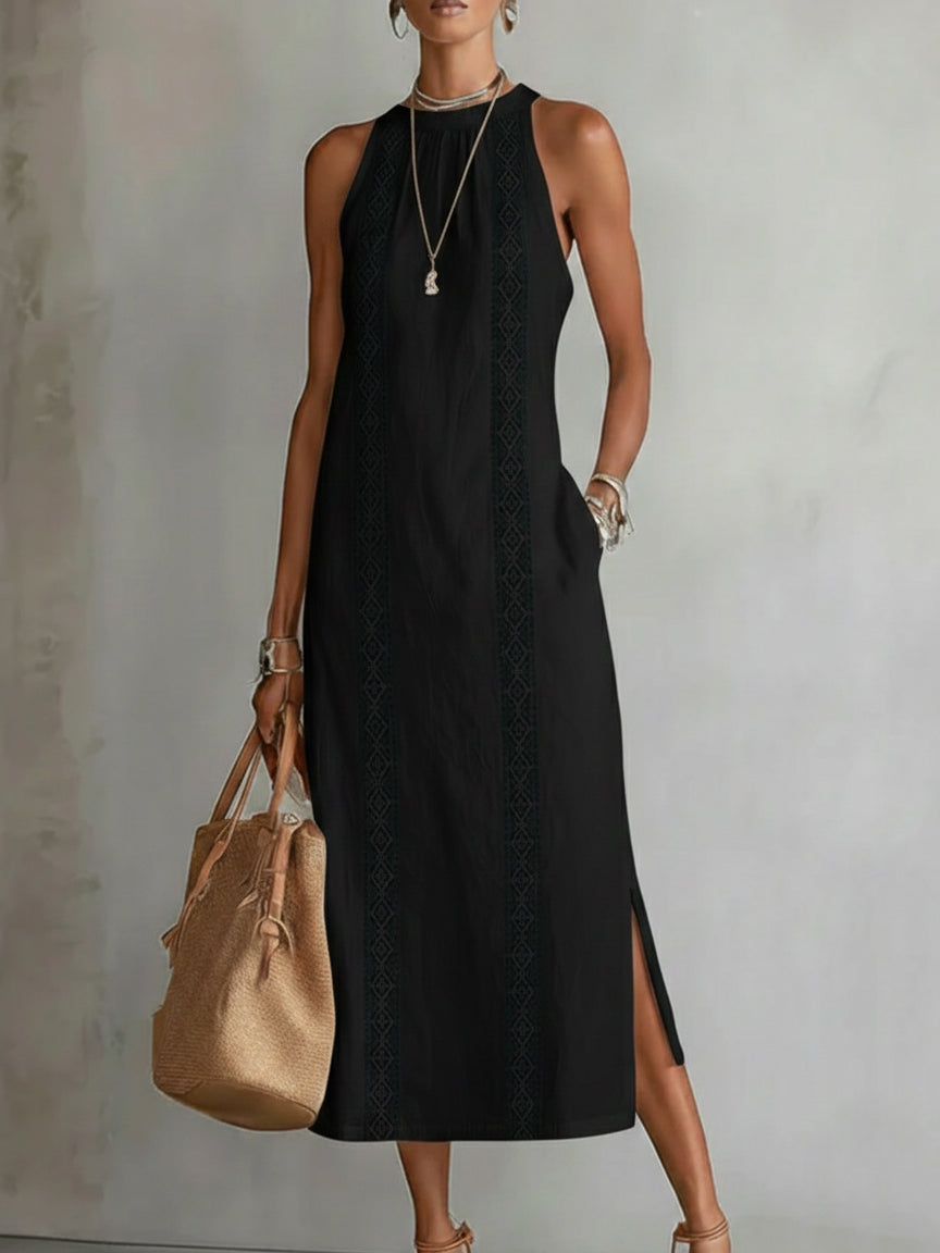 Vestido midi de lino con cuello mao Jimena