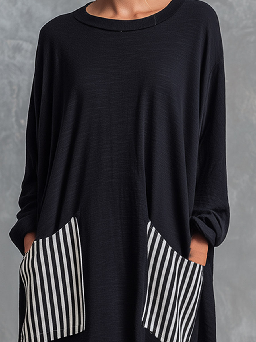 Yolanda | Vestido largo oversize de algodón negro con rayas estilo patchwork