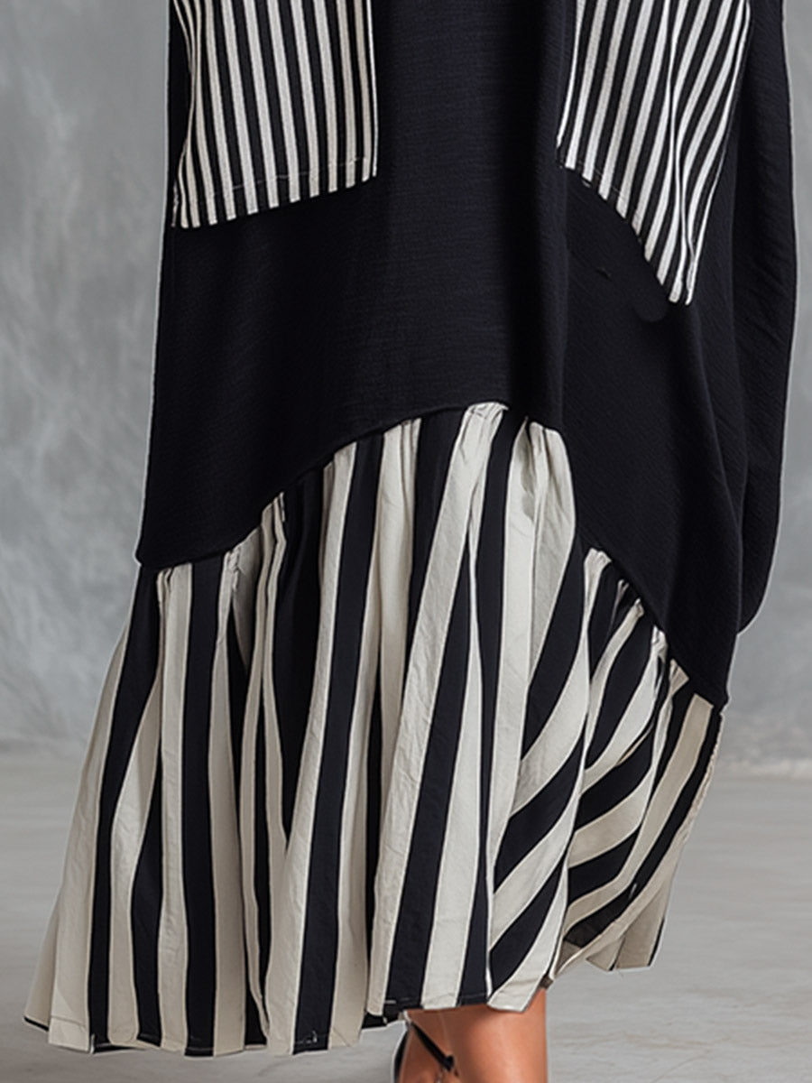 Yolanda | Vestido largo oversize de algodón negro con rayas estilo patchwork