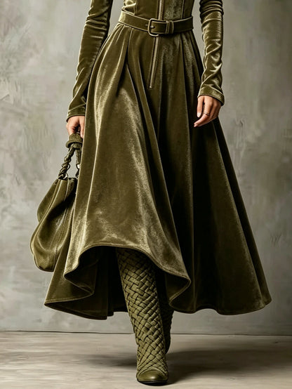 Conchi | Vestido largo de terciopelo verde oliva con cremallera delantera de estilo vintage (cinturón incluido)