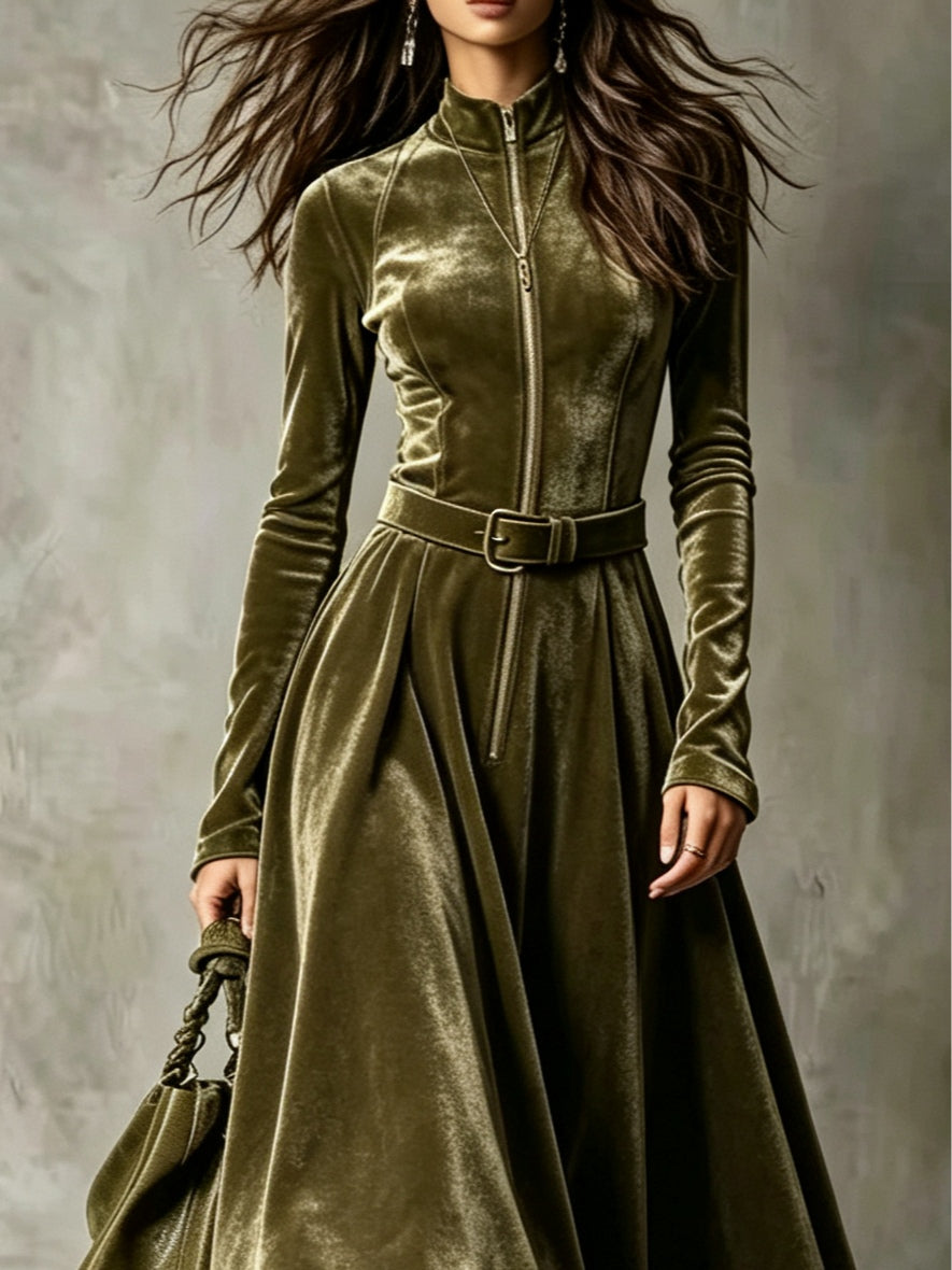 Conchi | Vestido largo de terciopelo verde oliva con cremallera delantera de estilo vintage (cinturón incluido)