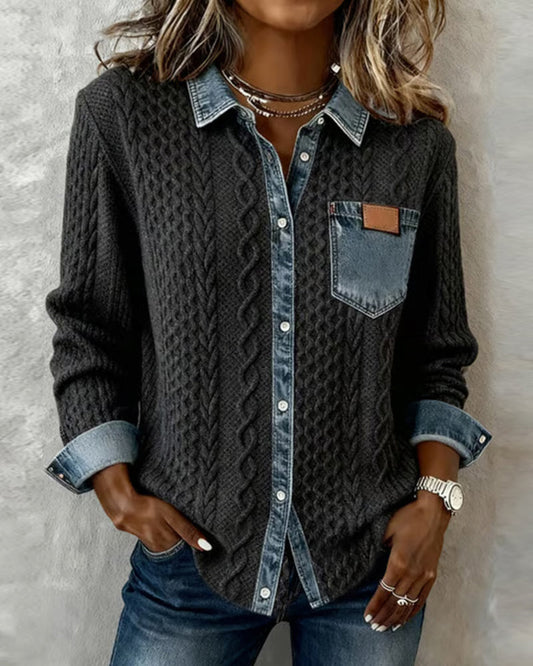 Camisa de manga larga con detalles vaqueros para mujer