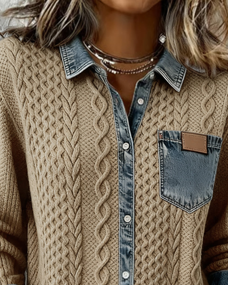 Camisa de manga larga con detalles vaqueros para mujer