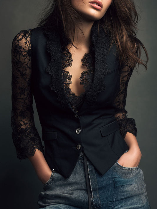 Blazer negro cuello alto con mangas semitransparentes Noémie