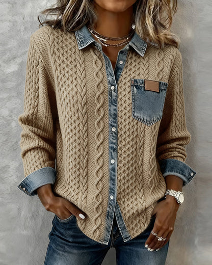 Camisa de manga larga con detalles vaqueros para mujer