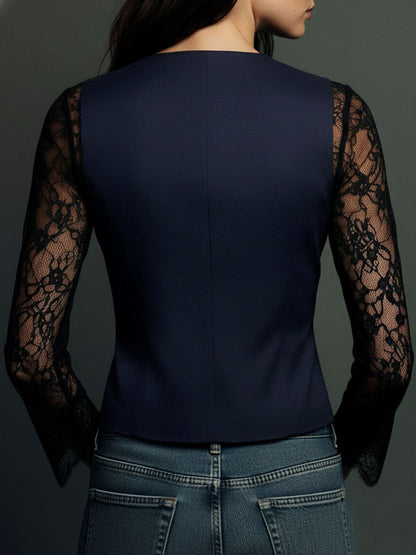 Blazer negro cuello alto con mangas semitransparentes Noémie