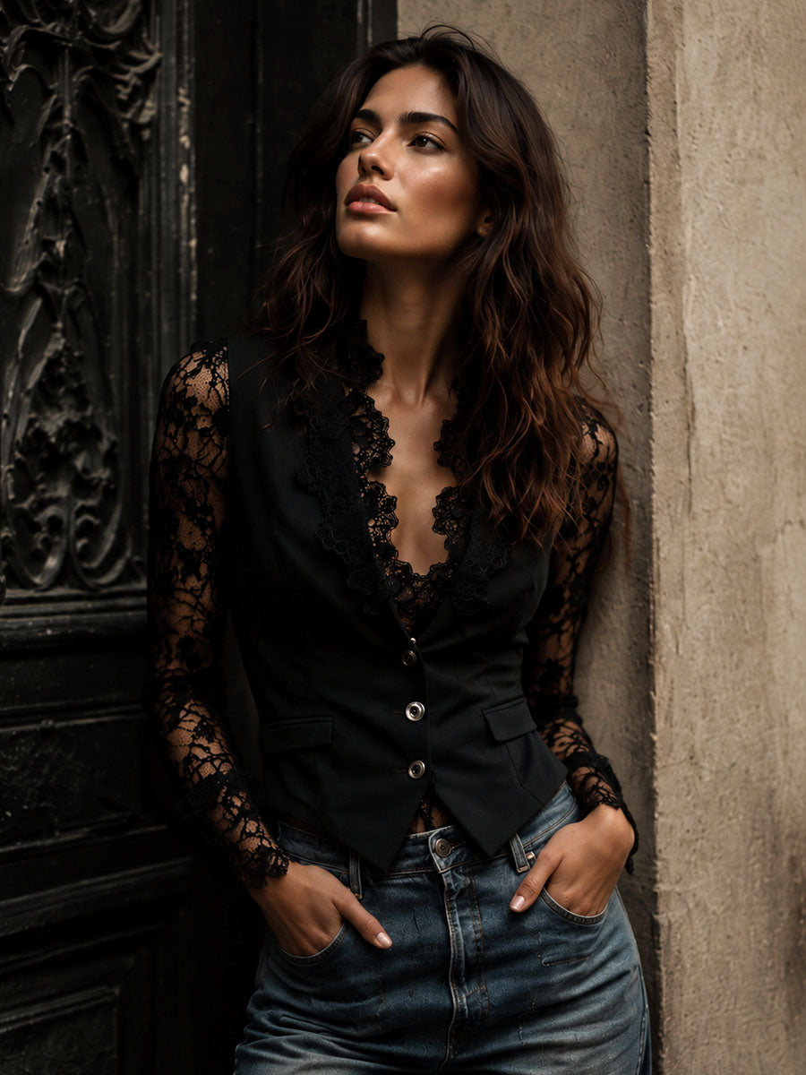 Blazer negro cuello alto con mangas semitransparentes Noémie