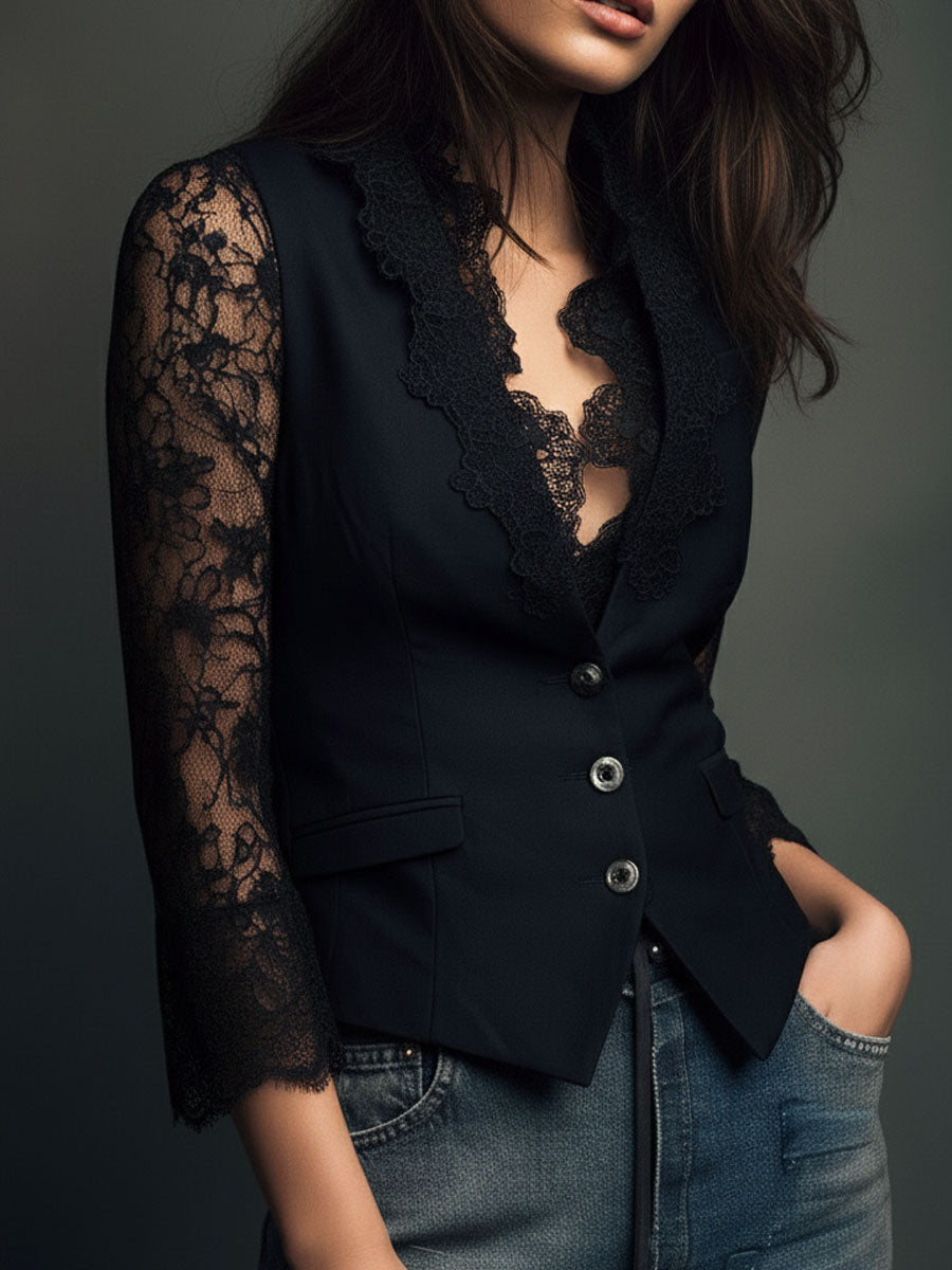 Blazer negro cuello alto con mangas semitransparentes Noémie