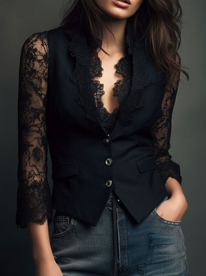 Blazer negro cuello alto con mangas semitransparentes Noémie