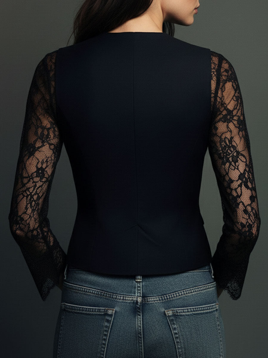 Blazer negro cuello alto con mangas semitransparentes Noémie