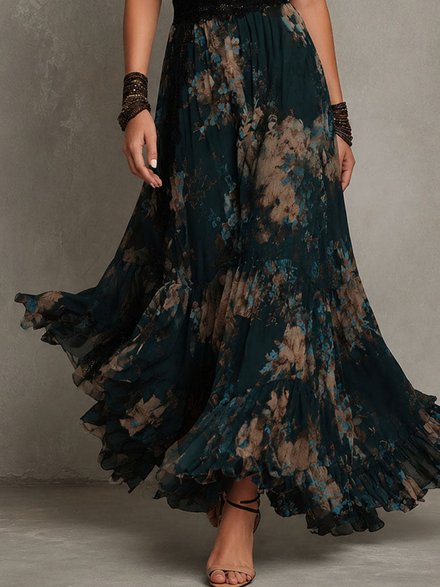 Mari Ángeles | Vestido largo de gasa vintage verde oscuro con encaje floral