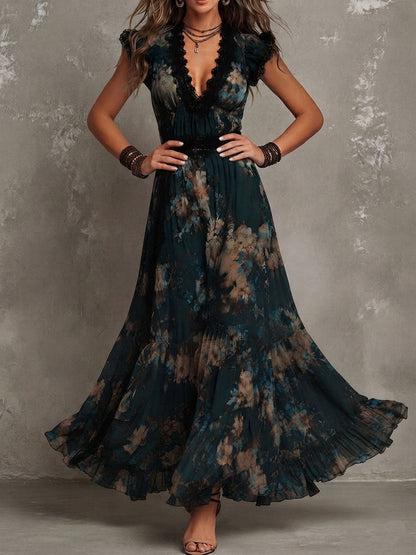 Mari Ángeles | Vestido largo de gasa vintage verde oscuro con encaje floral