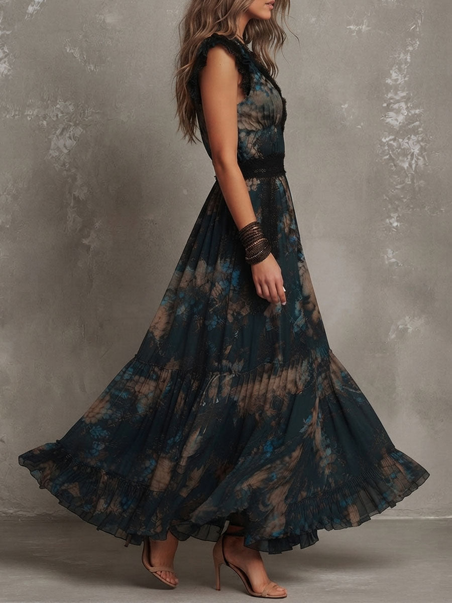 Mari Ángeles | Vestido largo de gasa vintage verde oscuro con encaje floral