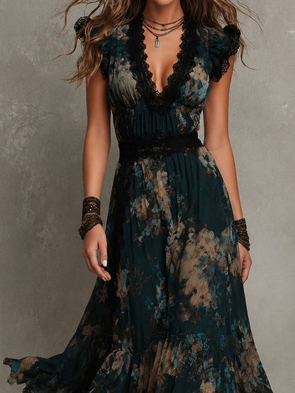 Mari Ángeles | Vestido largo de gasa vintage verde oscuro con encaje floral