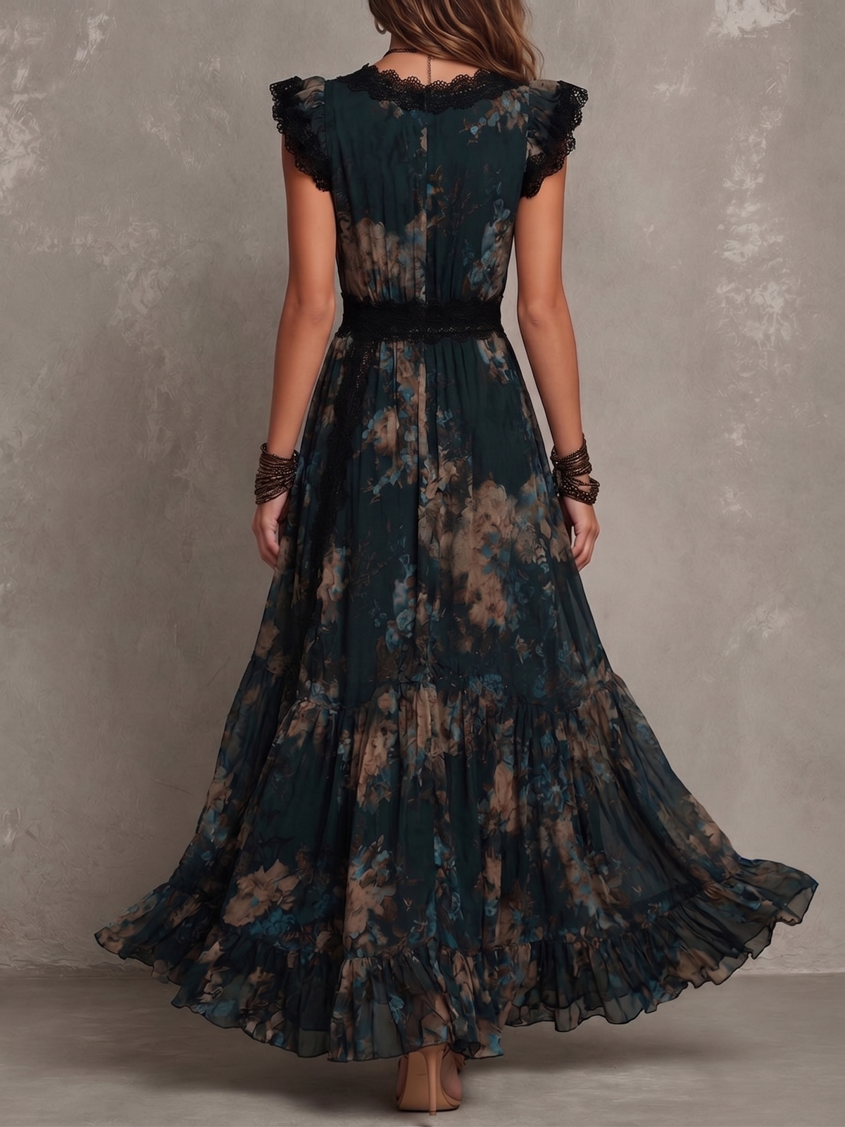 Mari Ángeles | Vestido largo de gasa vintage verde oscuro con encaje floral