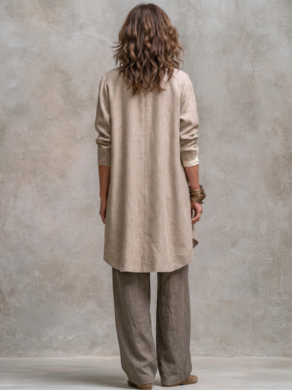 Belén | Conjunto Elegante de Tres Piezas en Beige y Gris con Pantalón Palazzo en Capas