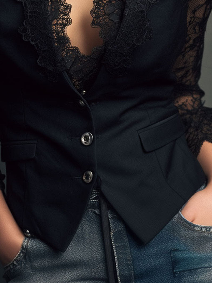 Blazer negro cuello alto con mangas semitransparentes Noémie