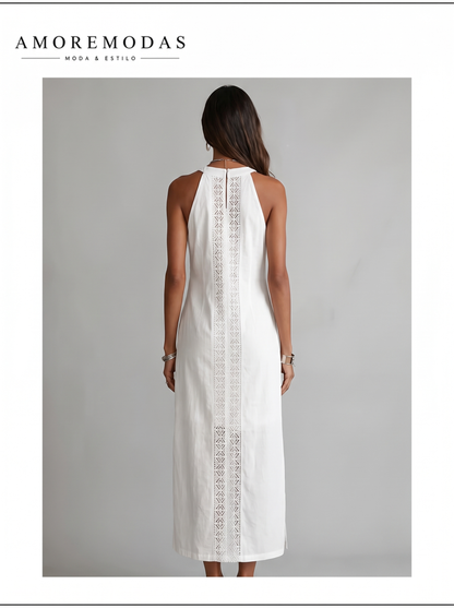 Vestido midi de lino con cuello mao Jimena