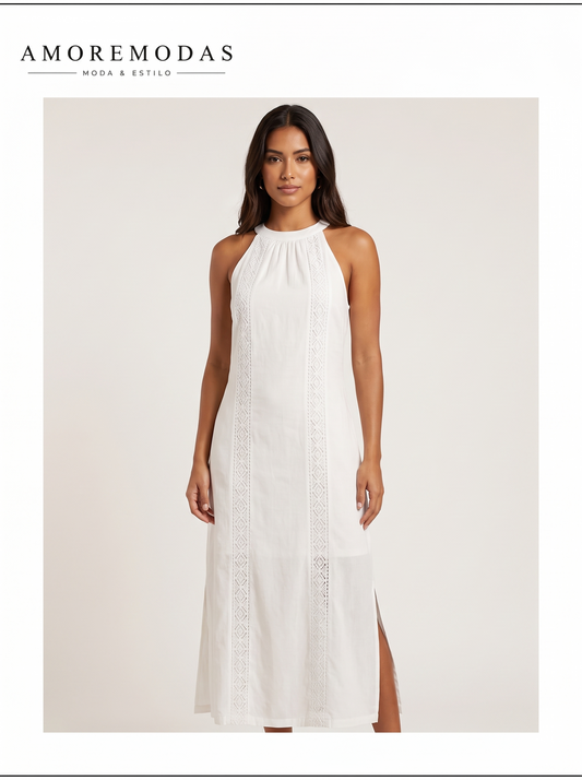 Vestido midi de lino con cuello mao Jimena