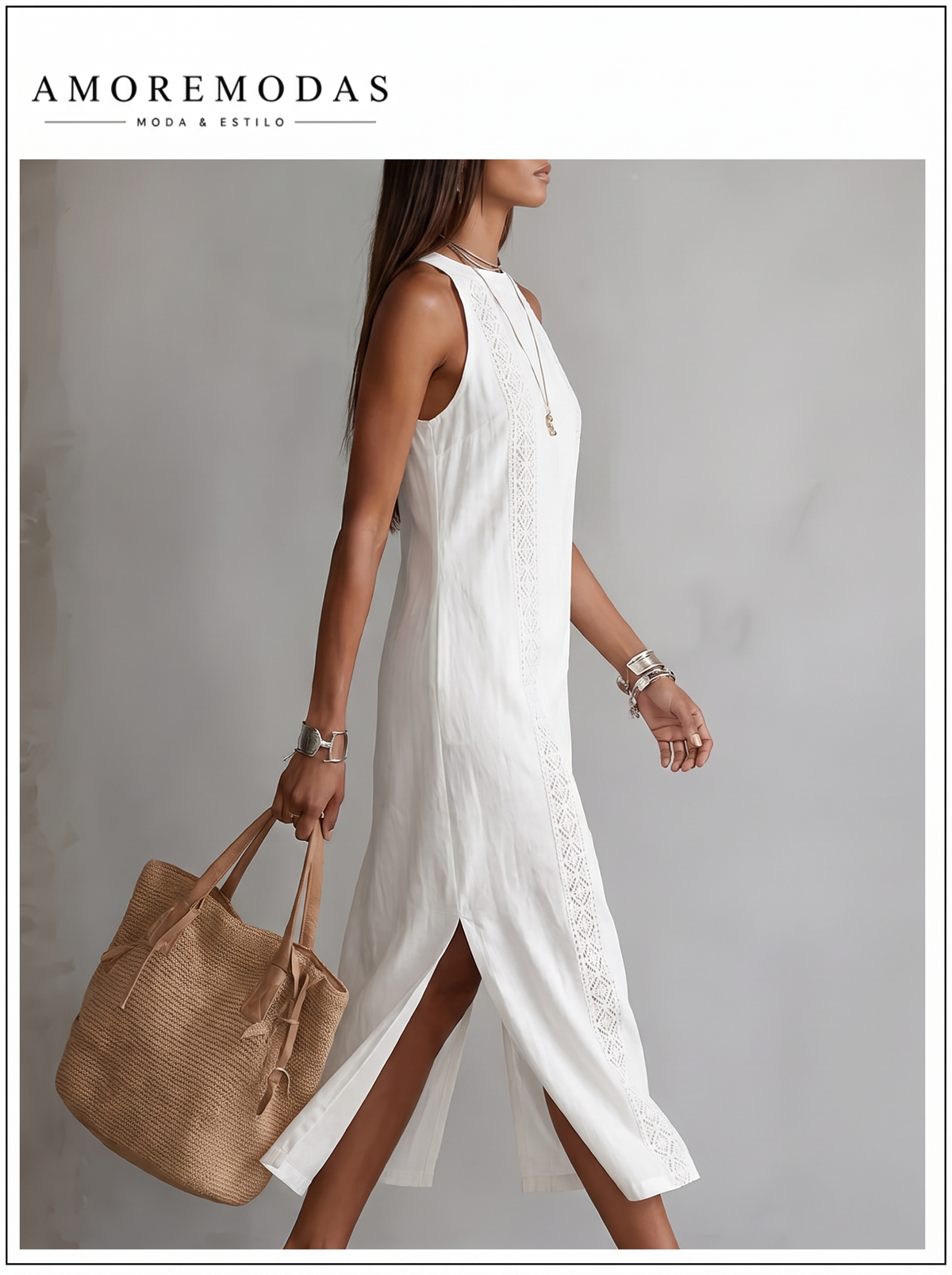 Vestido midi de lino con cuello mao Jimena