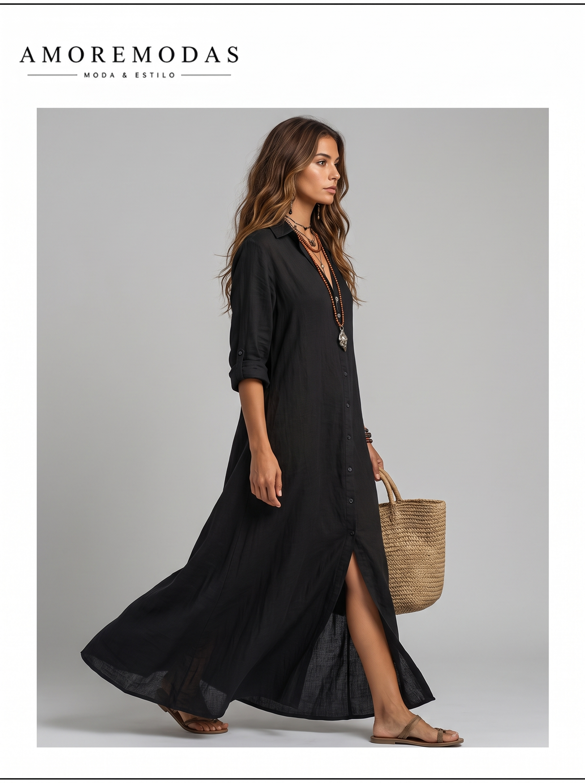 Vestido maxi negro con botones Soline