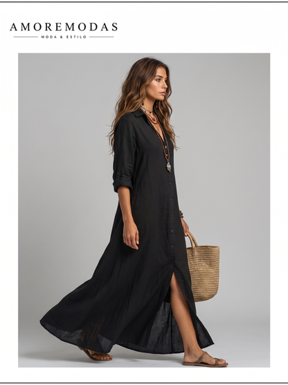 Vestido maxi negro con botones Soline