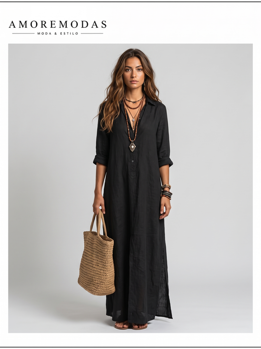 Vestido maxi negro con botones Soline