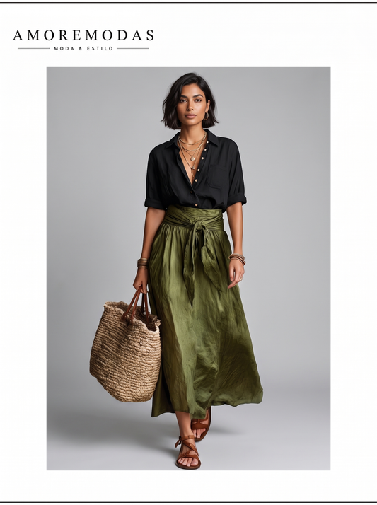 Conjunto blusa negra y falda midi Vida