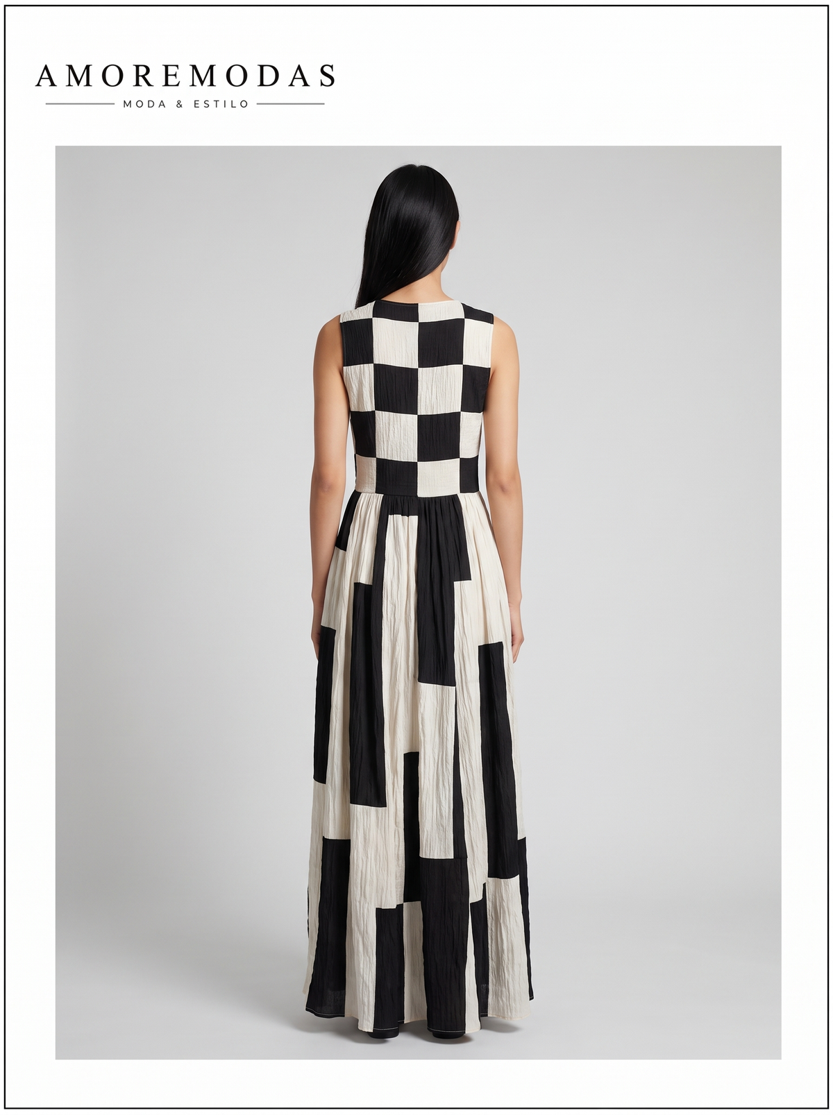 Vestido maxi geométrico blanco y negro Belinda