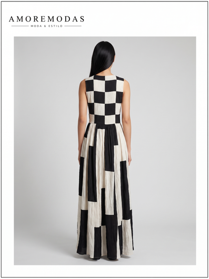 Vestido maxi geométrico blanco y negro Belinda
