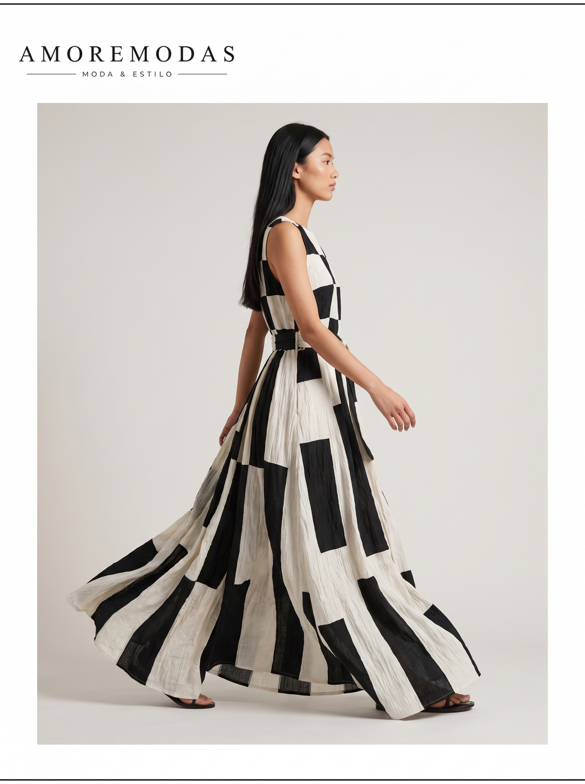 Vestido maxi geométrico blanco y negro Belinda