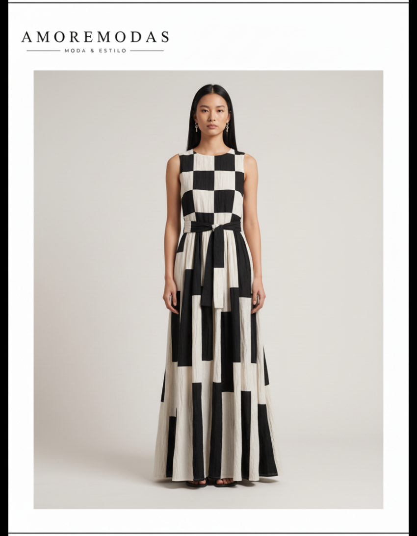 Vestido maxi geométrico blanco y negro Belinda