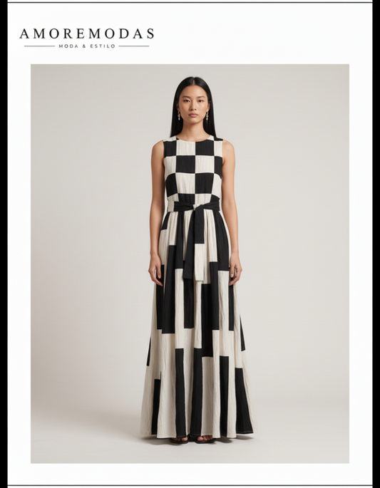 Vestido maxi geométrico blanco y negro Belinda