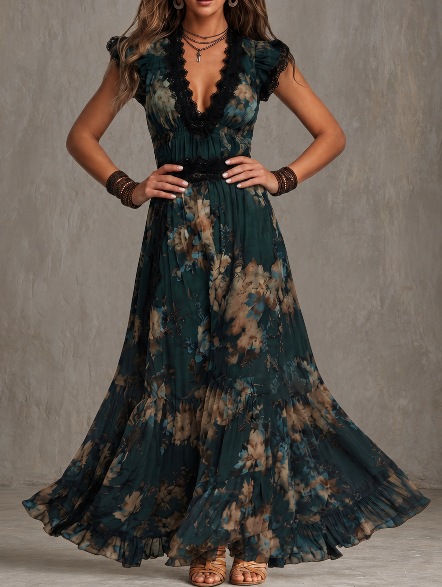 Mari Ángeles | Vestido largo de gasa vintage verde oscuro con encaje floral