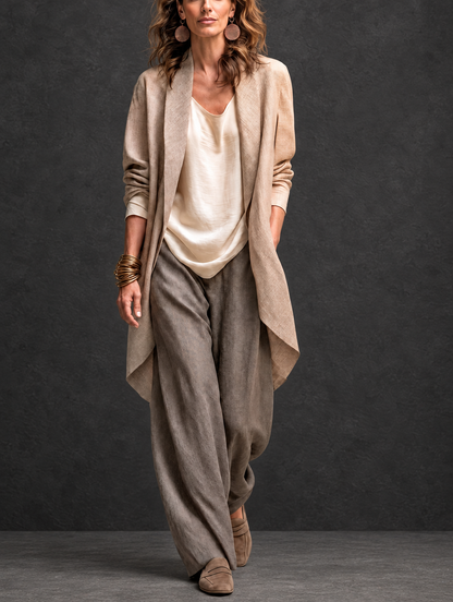 Belén | Conjunto Elegante de Tres Piezas en Beige y Gris con Pantalón Palazzo en Capas