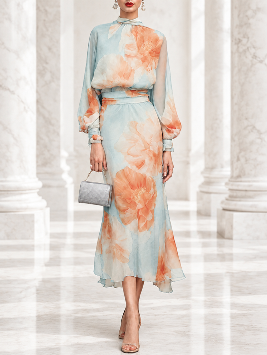Socorro | Conjunto de dos piezas: top de cuello alto y manga larga con falda floral romántica