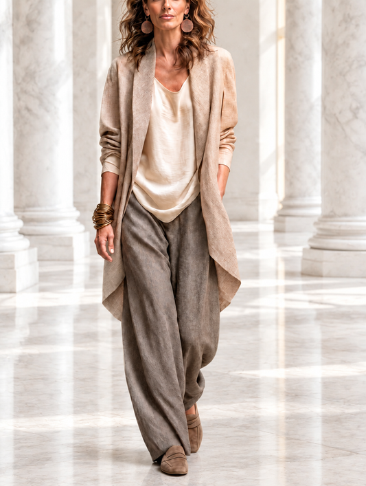 Belén | Conjunto Elegante de Tres Piezas en Beige y Gris con Pantalón Palazzo en Capas