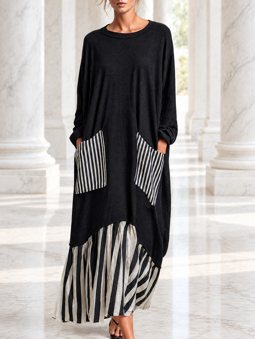 Yolanda | Vestido largo oversize de algodón negro con rayas estilo patchwork