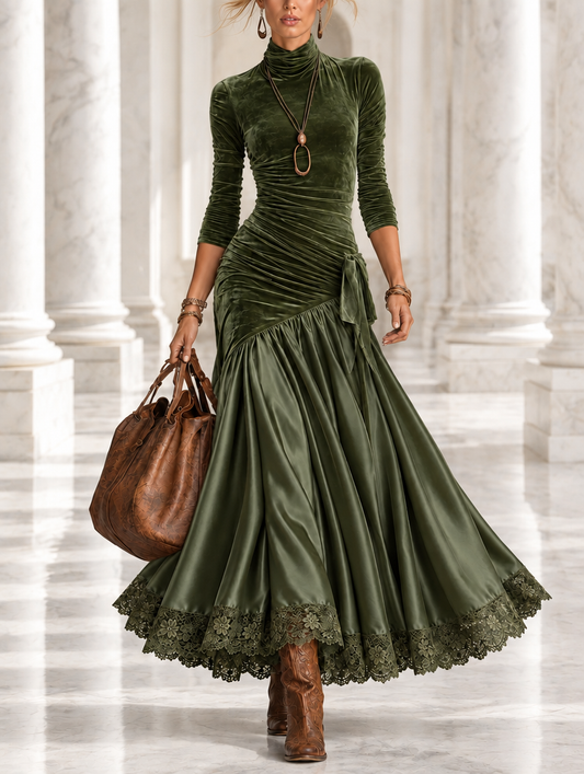 Maica | Vestido largo de terciopelo y satén con paneles y bajo de encaje verde oliva