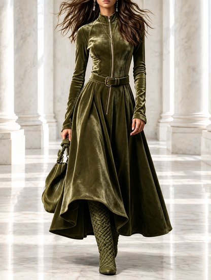 Conchi | Vestido largo de terciopelo verde oliva con cremallera delantera de estilo vintage (cinturón incluido)