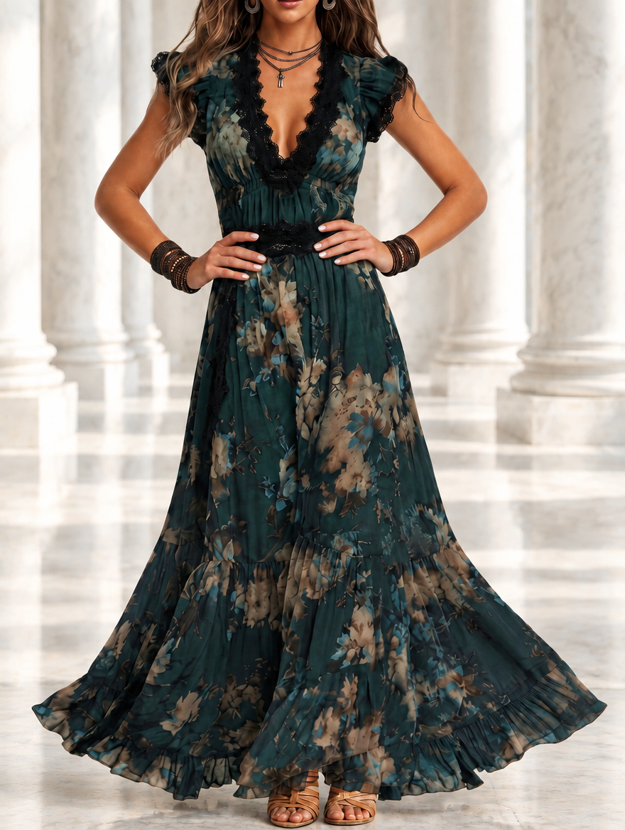 Mari Ángeles | Vestido largo de gasa vintage verde oscuro con encaje floral
