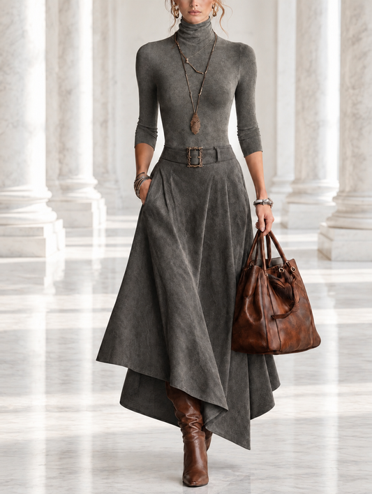 Mónica | Conjunto de top de cuello alto gris y falda midi asimétrica de ante sintético (con cinturón)