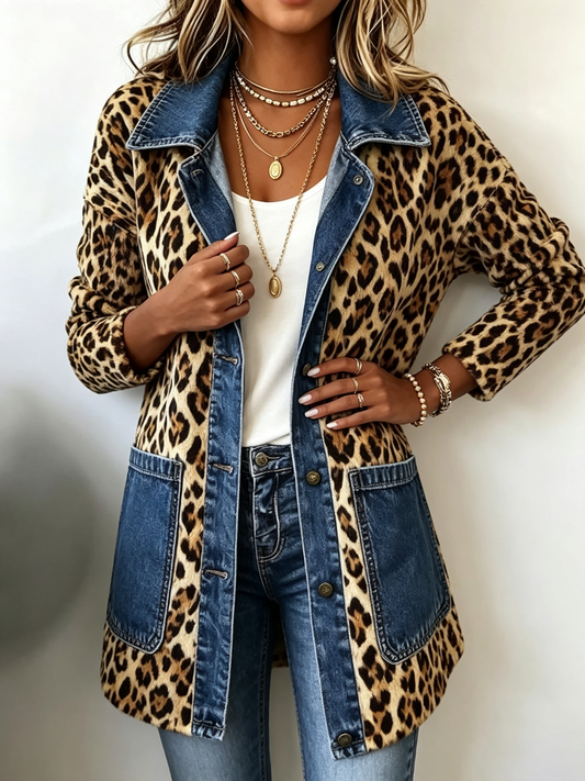 Chaqueta larga leopardo con detalles denim Lorena