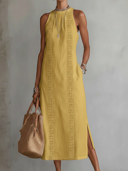 Vestido midi de lino con cuello mao Jimena