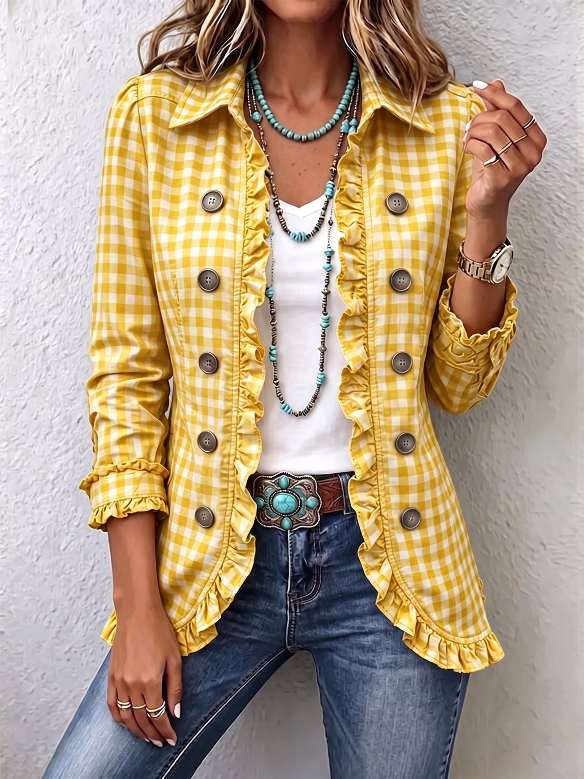 Chaqueta a cuadros vichy con volantes Perla