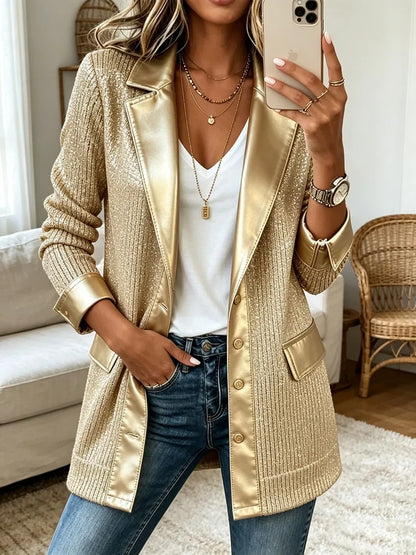 Blazer de punto dorado con ribetes de polipiel Aurora