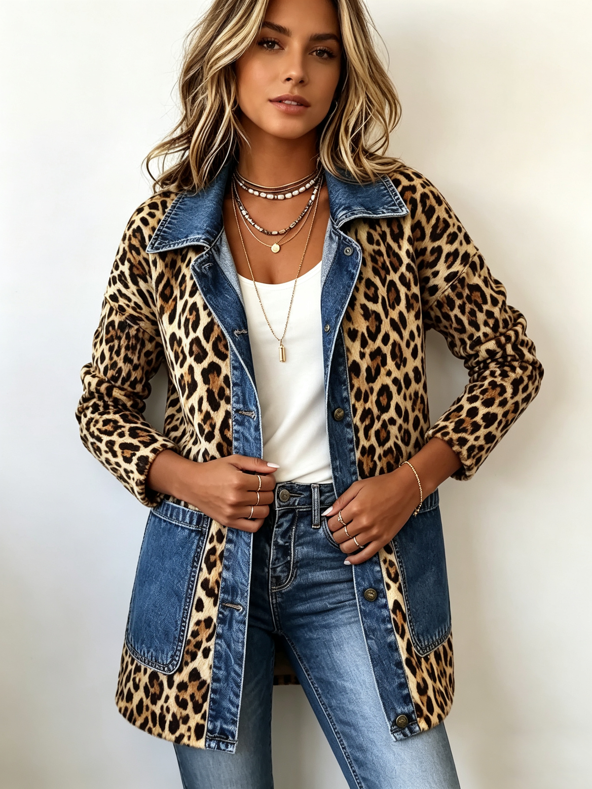Chaqueta larga leopardo con detalles denim Lorena