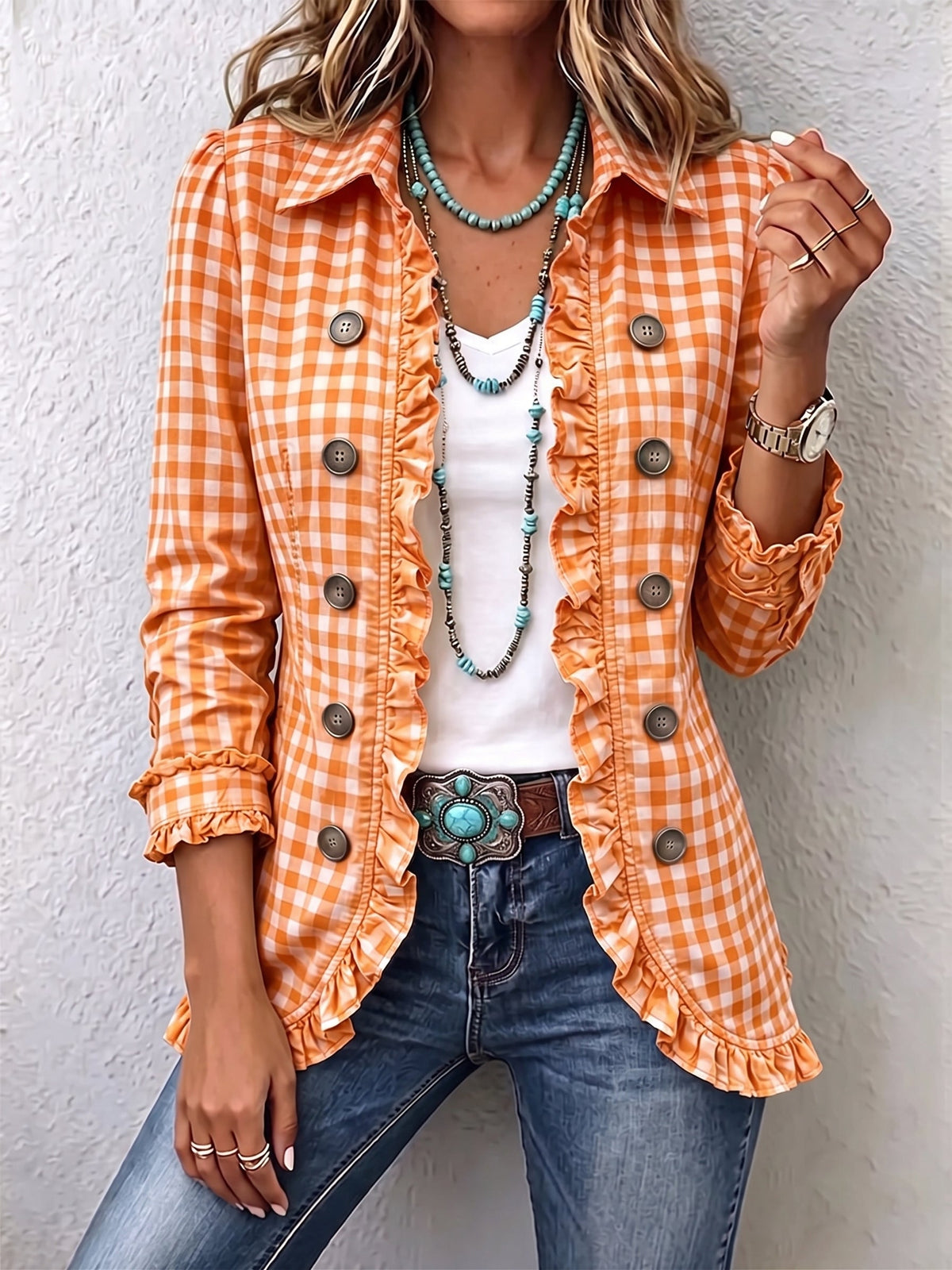 Chaqueta a cuadros vichy con volantes Perla