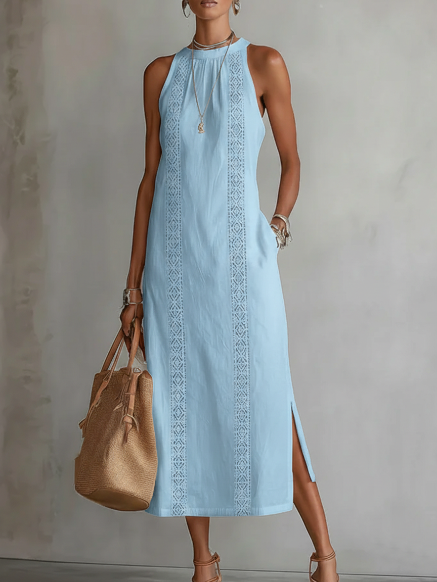 Vestido midi de lino con cuello mao Jimena