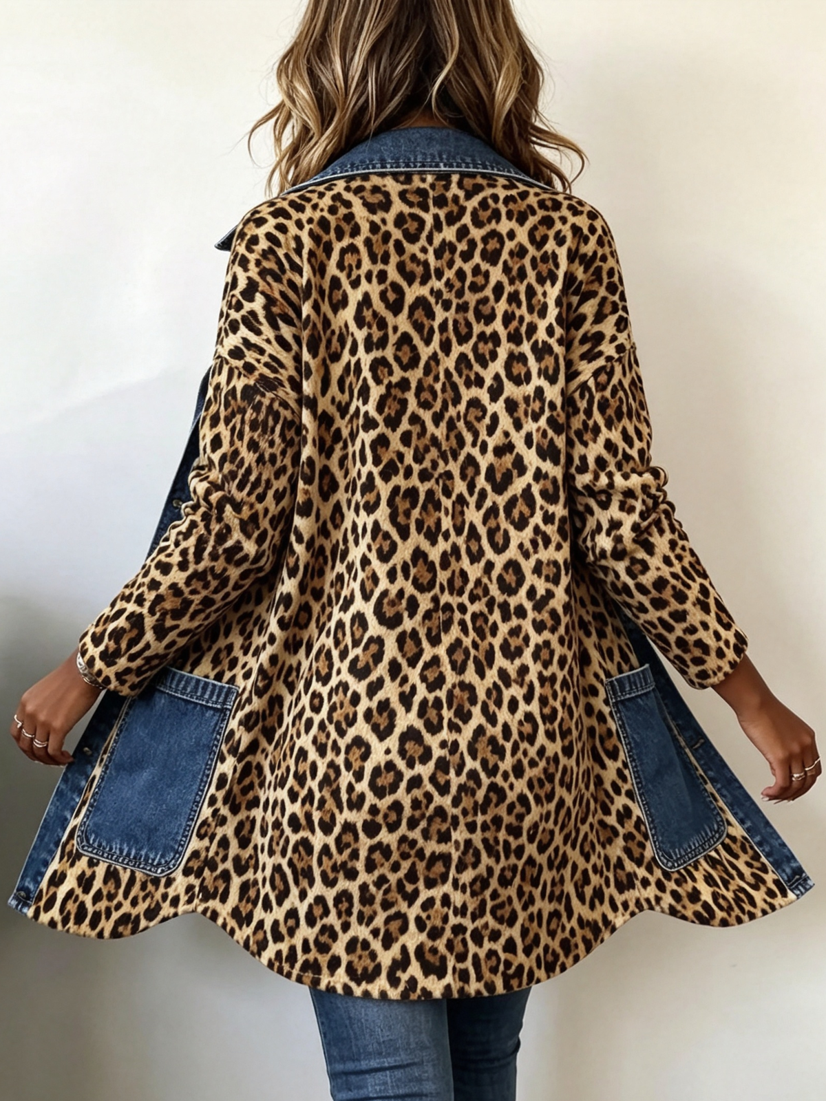 Chaqueta larga leopardo con detalles denim Lorena
